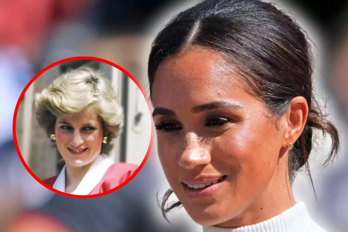 Muntatge de fotos de primer pla de Meghan Markle amb els cabells recollits, amb una imatge circular de Lady Di al fons.