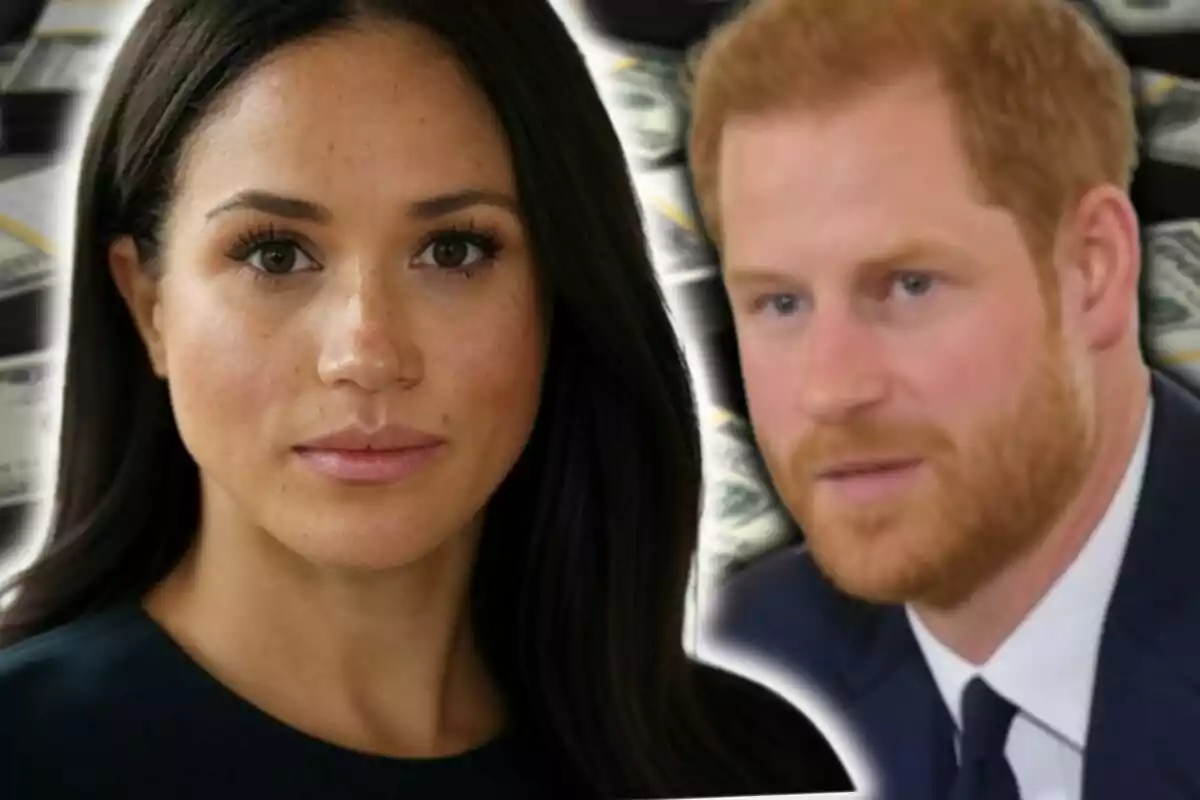 Close-up photo montage of Meghan Markle and Prince Harry, both with serious expressions and an image of dollars in the background.