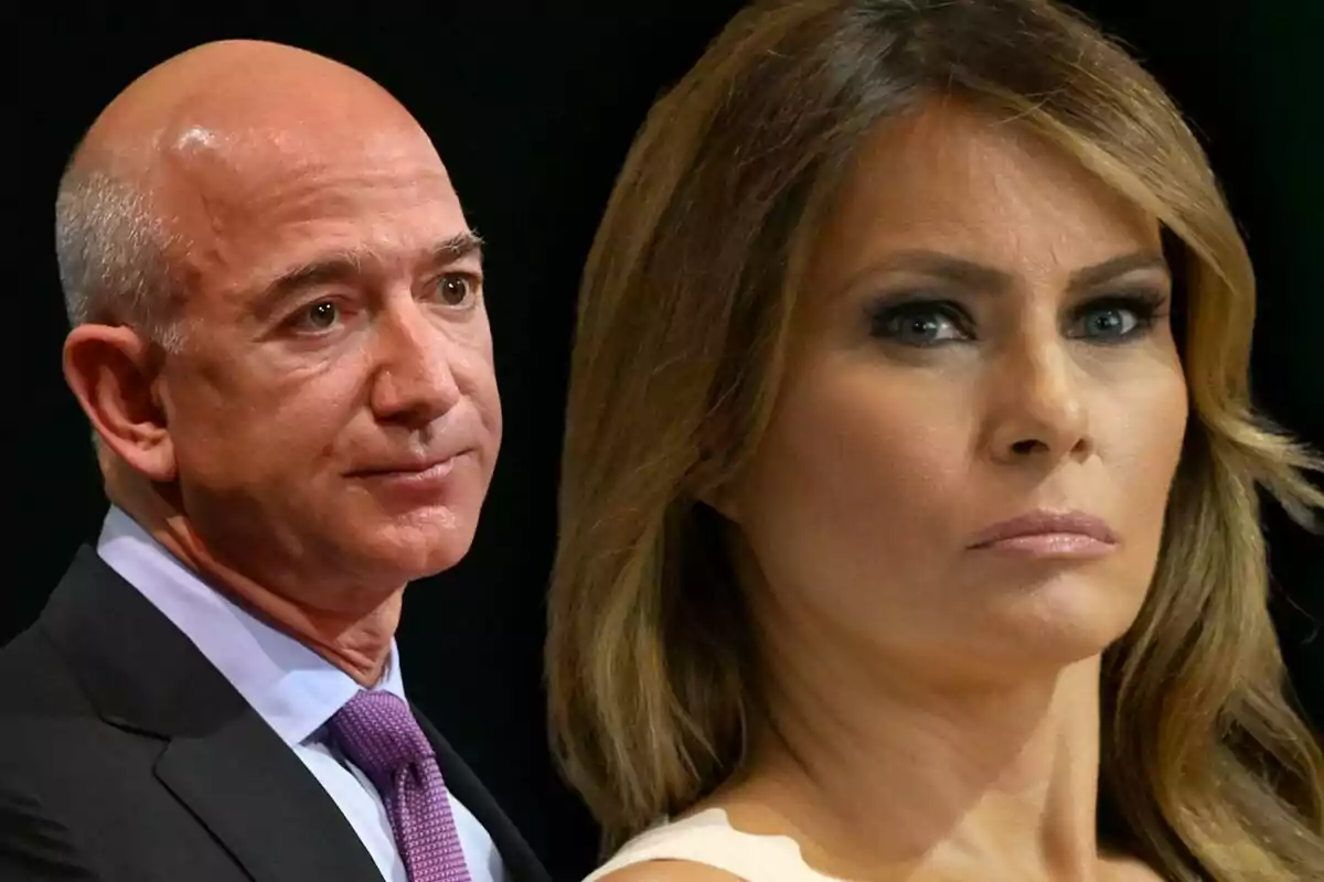 Close-up photo montage of Melania Trump and Jeff Bezos, both with serious expressions.