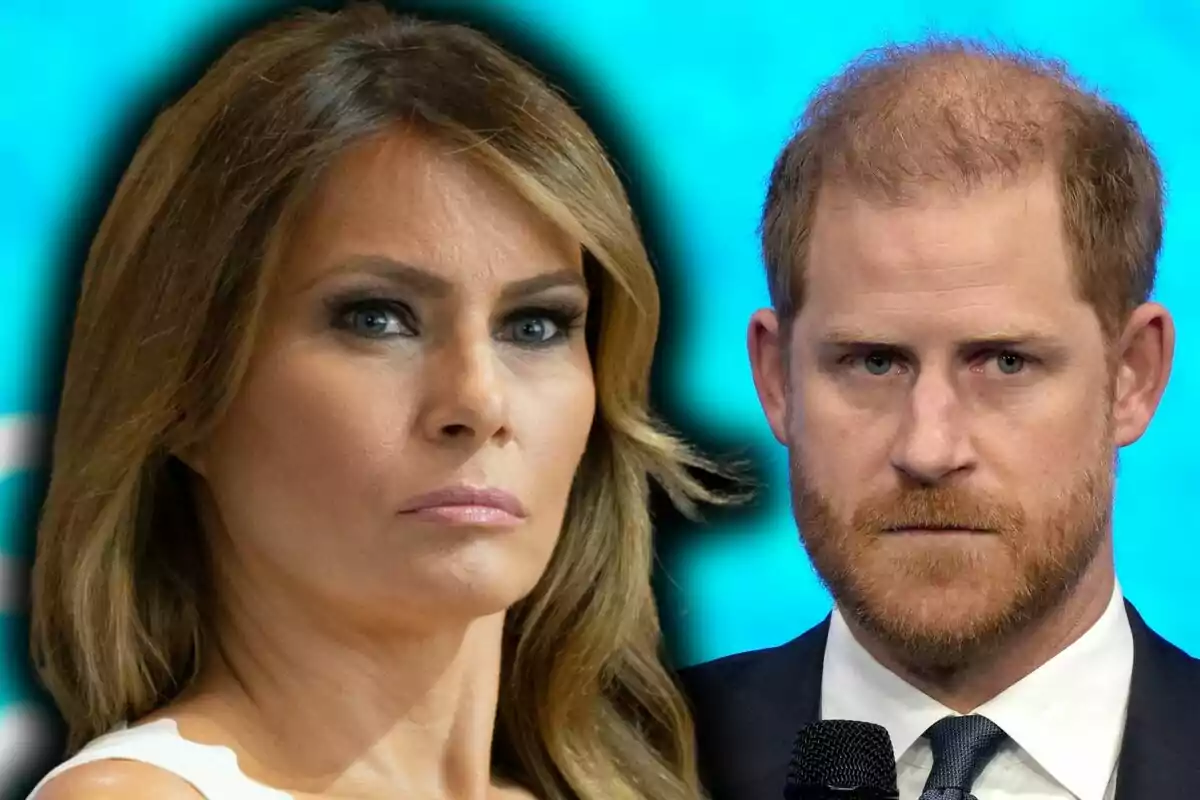 Close-up of Melania Trump and Prince Harry, both with serious expressions.