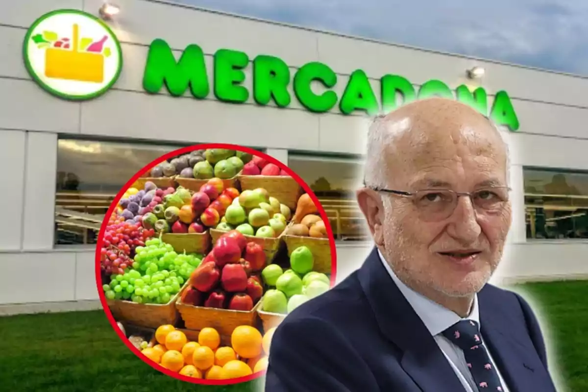 Imatge de la façana d´un supermercat Mercadona amb Juan Roig en primer pla i una varietat de fruites i verdures en un cercle vermell.