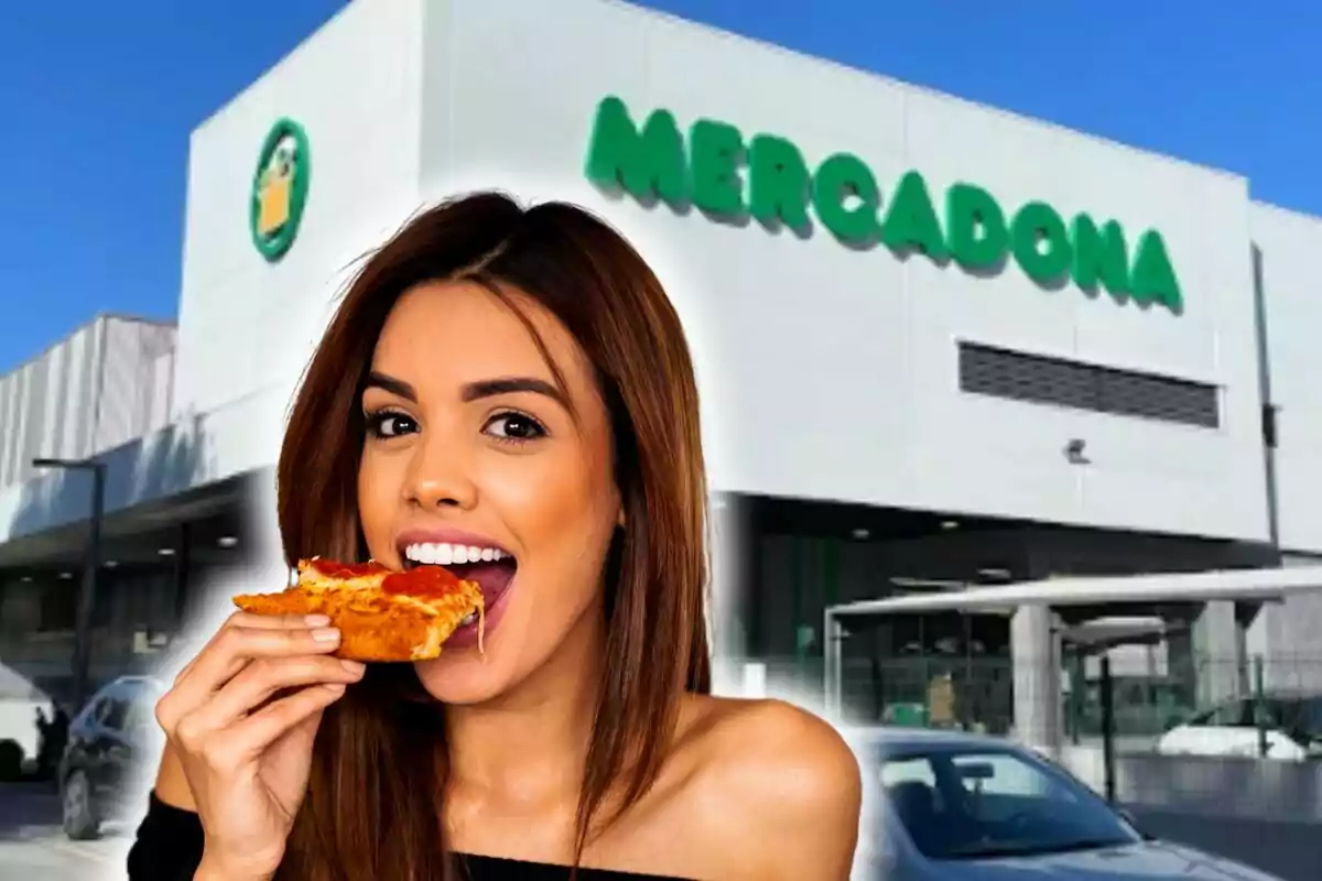 Montaje de fotos de una mujer comiendo pizza frente a un supermercado Mercadona.