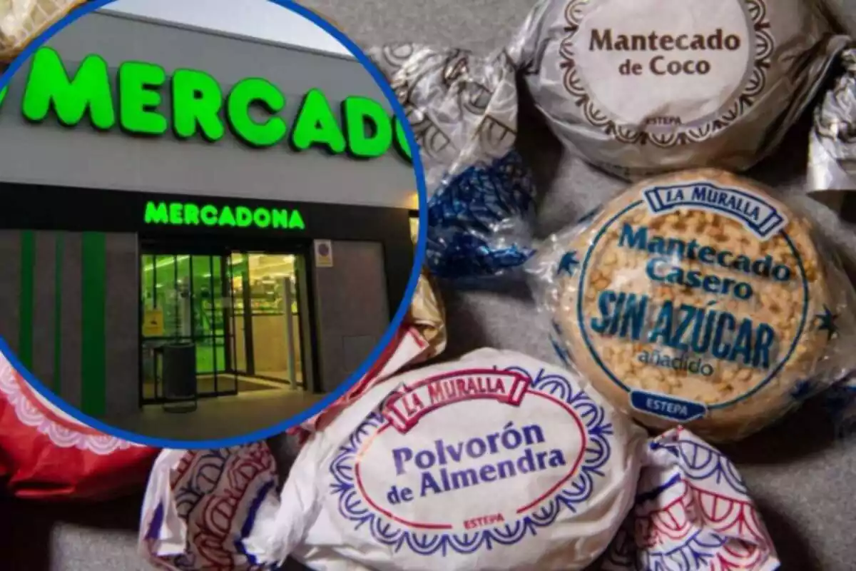 Muntatge d´una foto de polvorons de Mercadona i, al costat, al´interior d´un cercle, una imatge de la façana d´una botiga de Mercadona