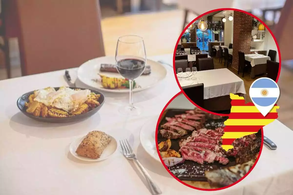 Muntatge de fotos d´una imatge d´una taula del restaurant 9Reinas de Barcelona i, al costat, imatges de l´interior del seu establiment id´un dels seus plats amb la silueta de Catalunya i la bandera d´Argentina