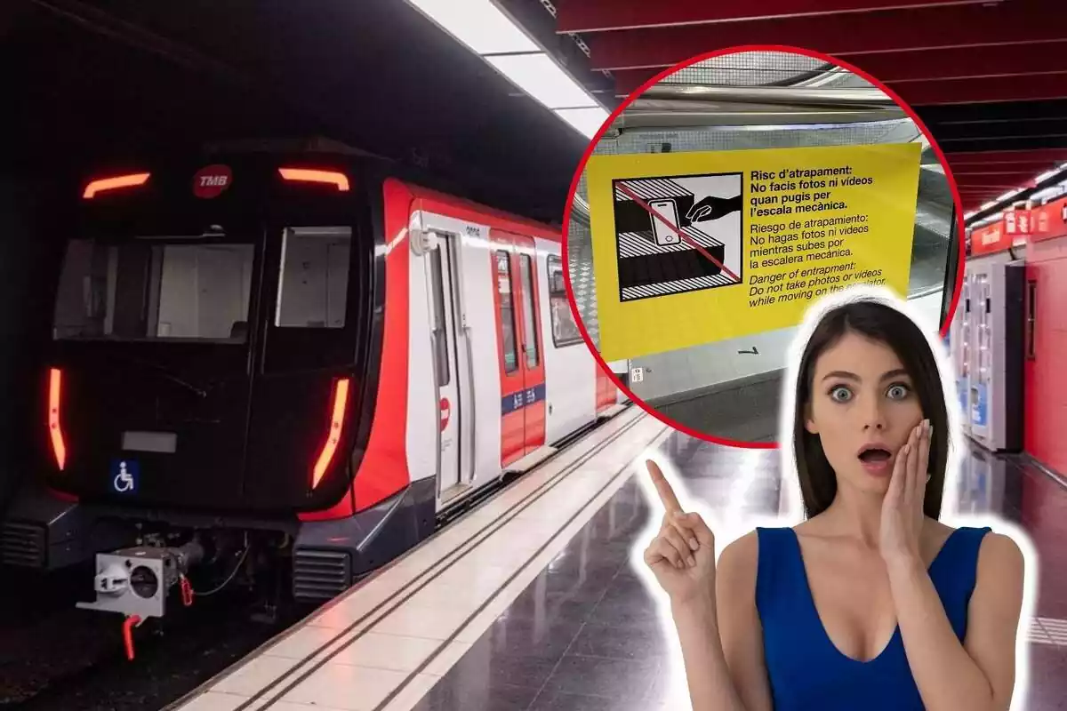 Muntatge de fotos d´un vagó del metro de Barcelona i, al costat, la imatge d´un cartell i una dona amb rostre de sorpresa
