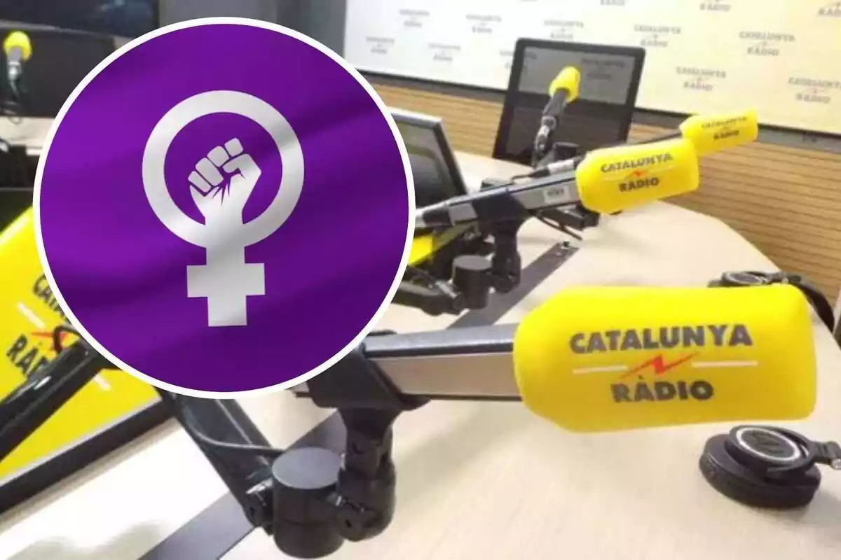 Muntatge de fotos de Catalunya Ràdio amb la bandera feminista al costat