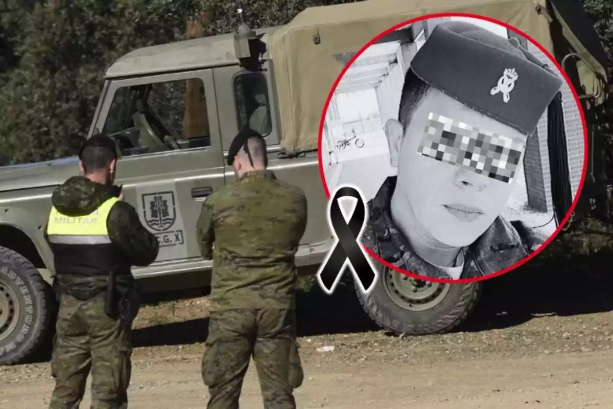 Muntatge de fotos de Billye Germán amb la cara pixelada i, de fons, la imatge de dos militars d'esquena