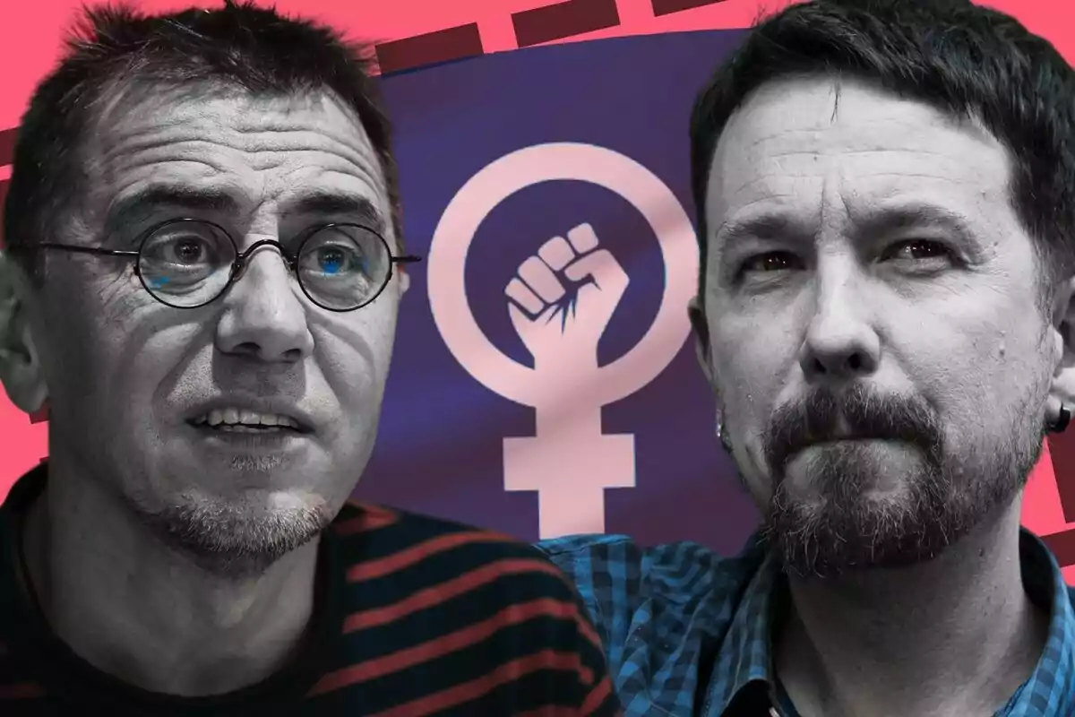 Dos personas, que son Juan Carlos Monedero y Pablo Iglesias, frente a un fondo con un símbolo feminista y un diseño en tonos rosados y morados.