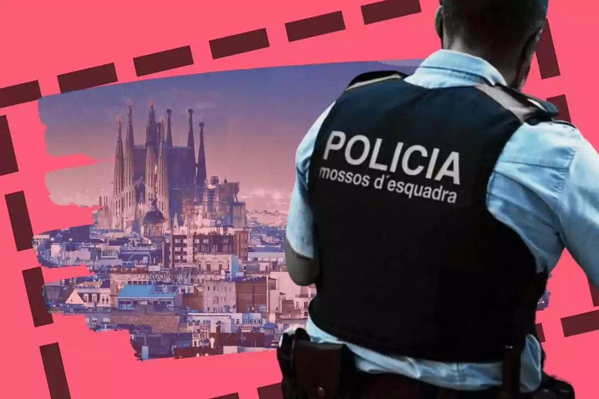 A Mossos d'Esquadra officer seen from behind observes the city of Barcelona with the Sagrada Familia in the background against a stylized pink backdrop.