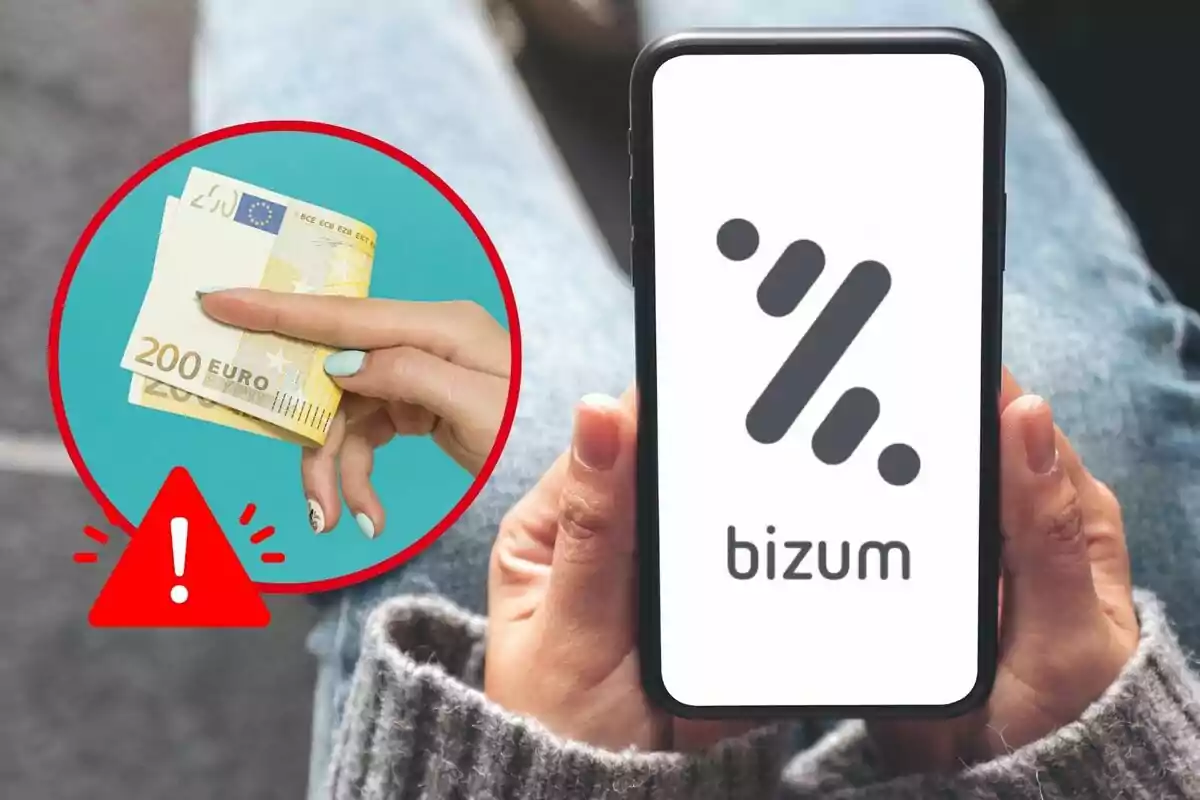 Una persona sosté un telèfon mòbil amb el logotip de Bizum a la pantalla i un cercle vermell amb una mà sostenint bitllets de 200 euros i un símbol d'advertència.