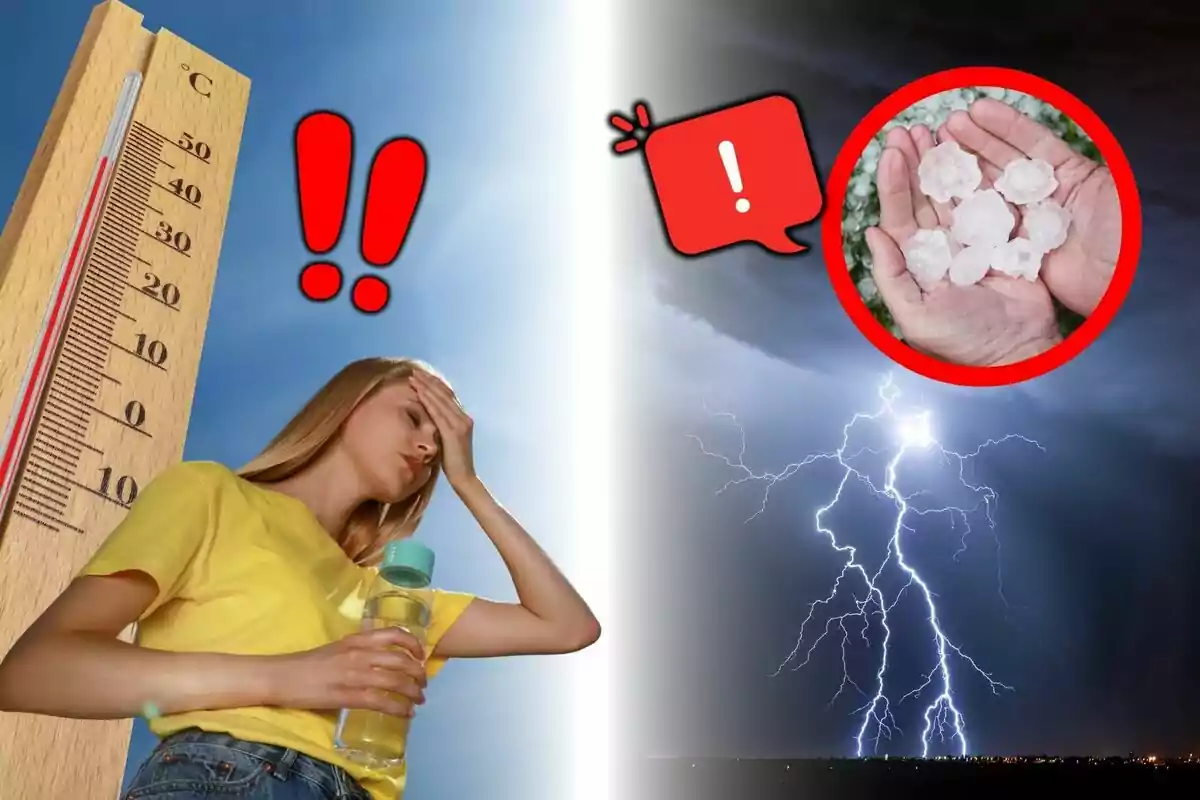Imatge dividida en dues meitats: una mostra calor extrem amb un termòmetre alt i una dona afectada pel sol; l’altra mostra una tempesta elèctrica amb calamarsa a unes mans i símbols d’advertència. Imatge dividida en dues meitats: una mostra calor extrem amb un termòmetre alt i una dona afectada pel sol; l’altra mostra una tempesta elèctrica amb calamarsa a unes mans i símbols d’advertència.