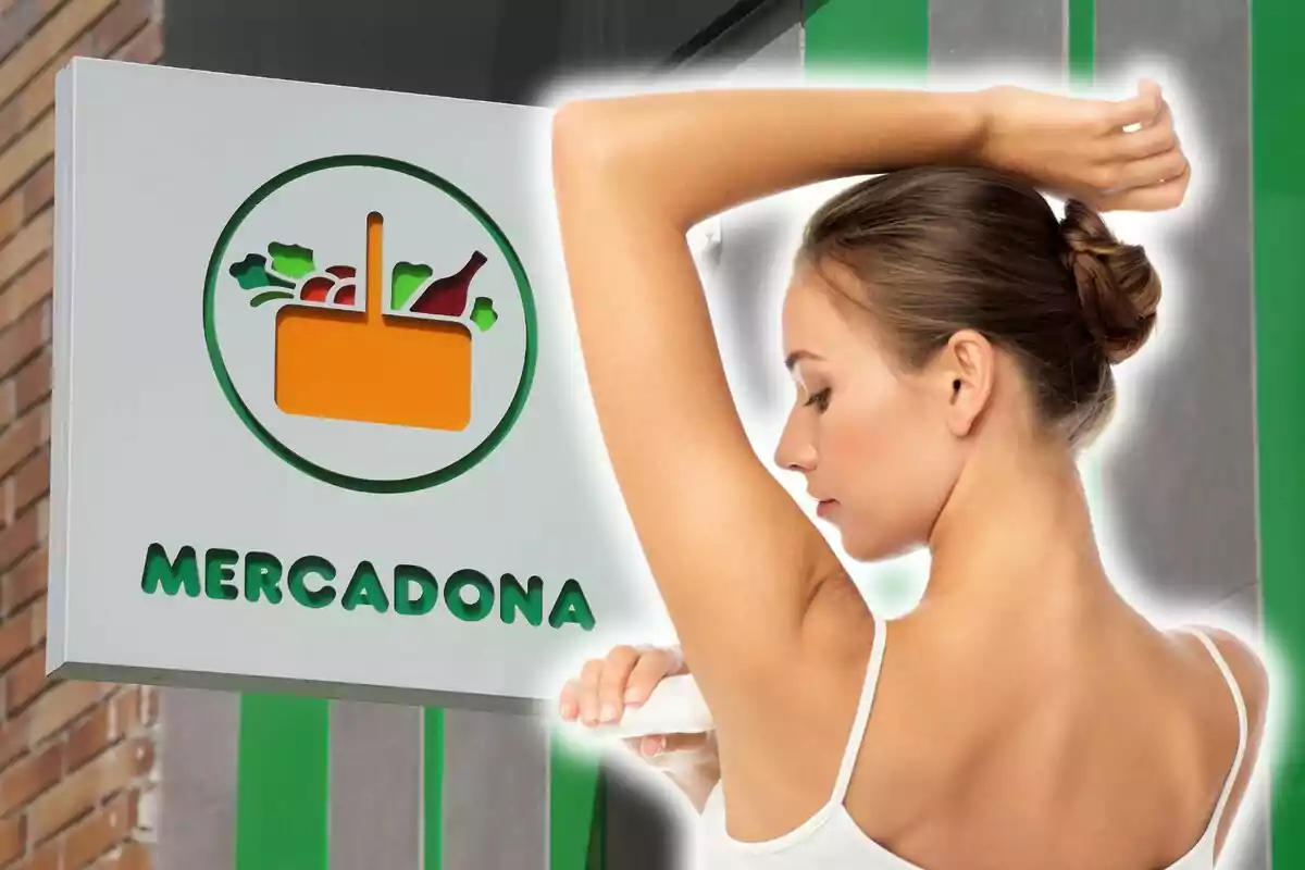 Montaje de fotos de una mujer con el brazo levantado aplicándose desodorante junto a un cartel de Mercadona. Montaje de fotos de una mujer con el brazo levantado aplicándose desodorante junto a un cartel de Mercadona.