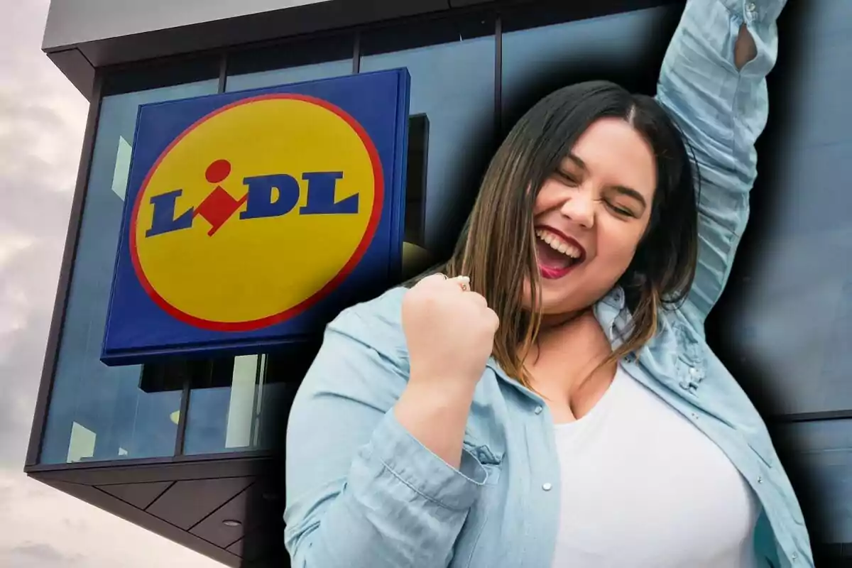 Montaje de fotos de una mujer sonriente celebrando frente a una tienda Lidl.