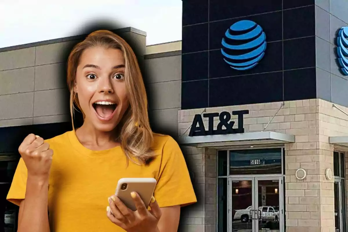 A person excited with a phone in front of an AT&T store. A person excited with a phone in front of an AT&T store.