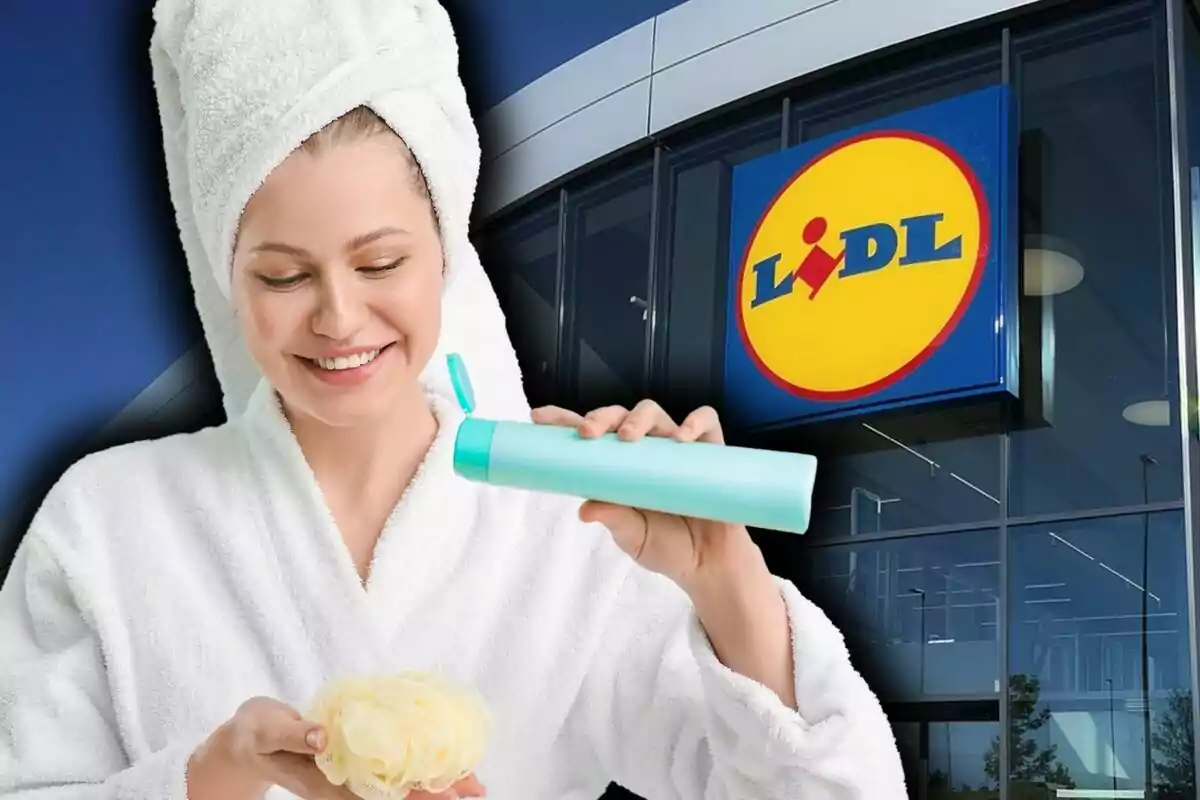 Montaje de fotos de una mujer sonriente con una toalla en la cabeza y bata blanca aplicando producto de cuidado personal frente a una tienda Lidl.