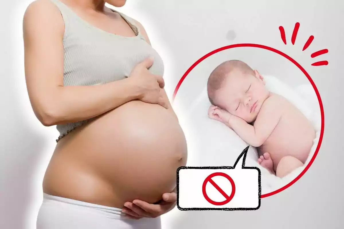 Dona embarassada sostenint el ventre amb una imatge d'un nadó dormint en un cercle vermell i un símbol de prohibició.