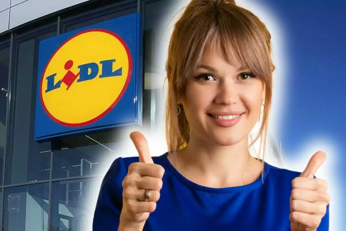 Montaje de fotos de mujer sonriente con los pulgares arriba frente a un letrero de Lidl.