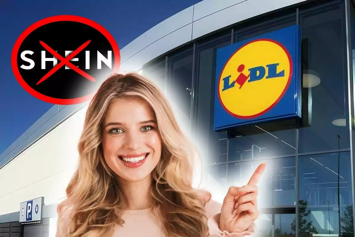 A smiling woman points to the Lidl logo on a building, while a prohibition symbol appears over the Shein logo.