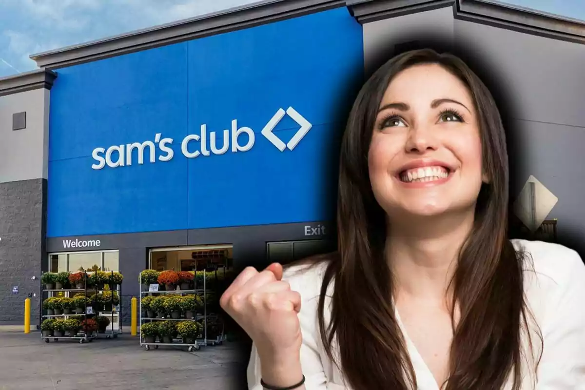 Montaje de fotos de una mujer sonriente con gesto de emoción frente a la entrada de una tienda Sam’s Club en Estados Unidos.