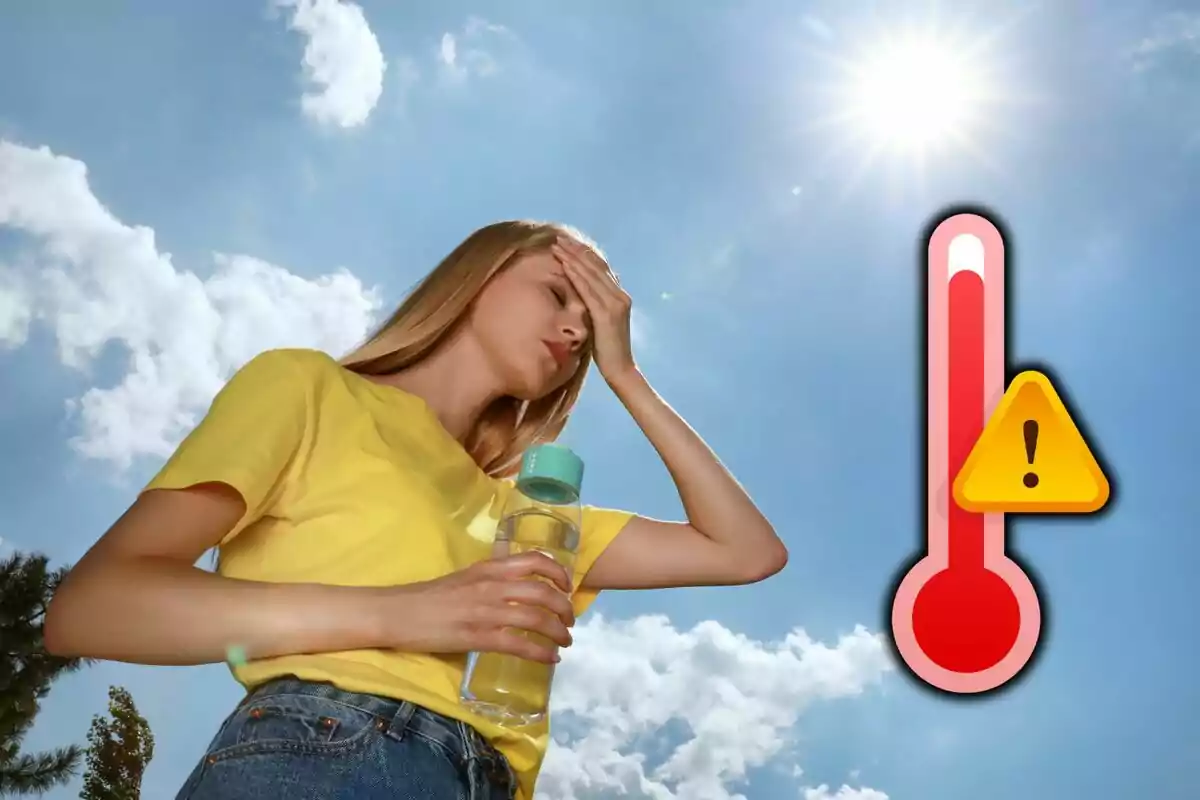 Dona amb samarreta groga sostenint una ampolla d’aigua sota un sol fort amb gest de malestar i un termòmetre amb advertència de calor extrema. Dona amb samarreta groga sostenint una ampolla d’aigua sota un sol fort amb gest de malestar i un termòmetre amb advertència de calor extrema.
