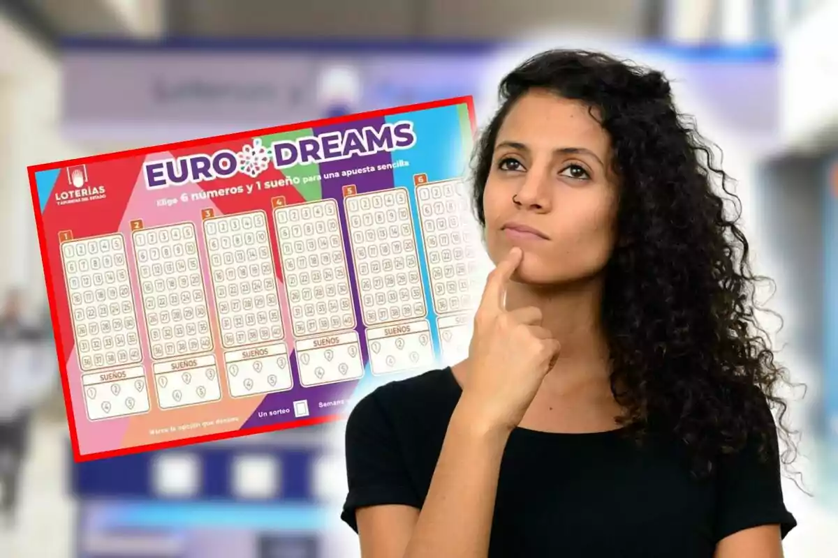 Dona pensativa i, de fons, una butlleta de loteria Euro Dreams.