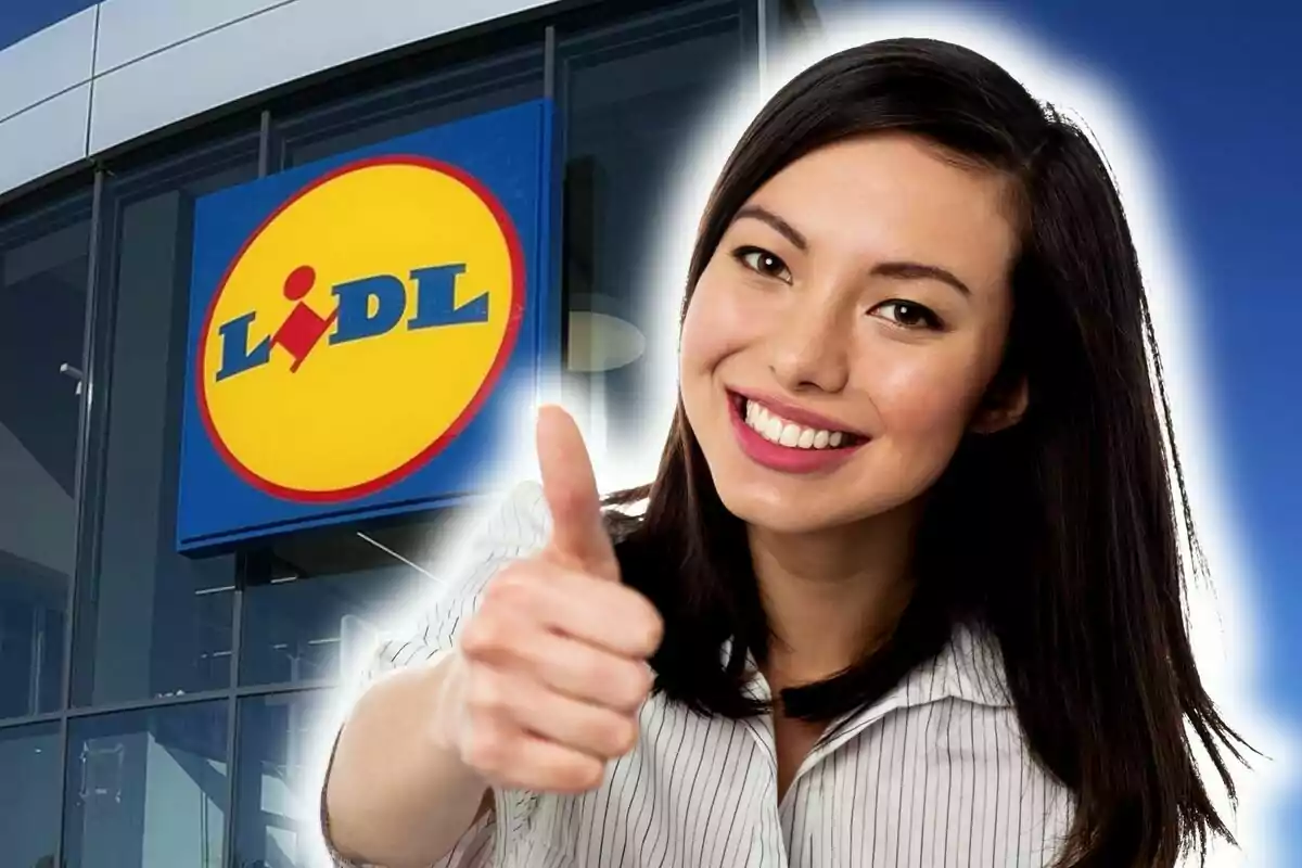 Smiling woman giving a thumbs-up in front of a Lidl store.