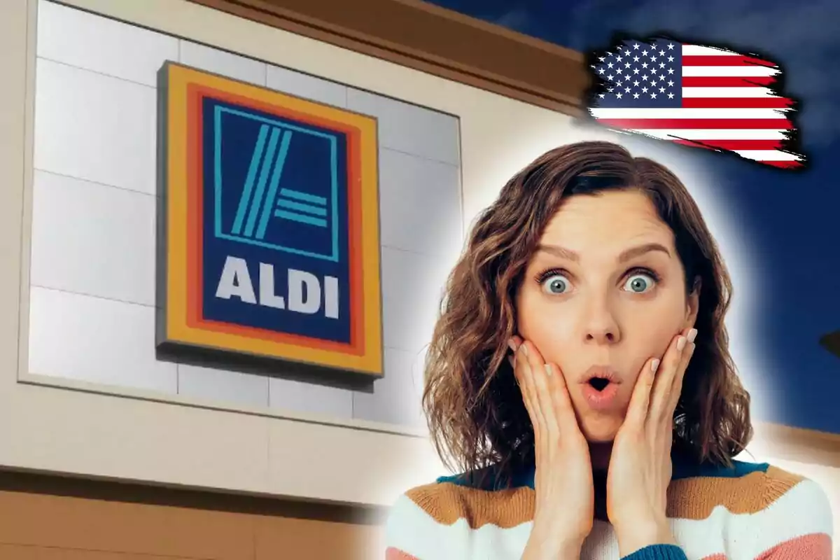 Montaje de fotos de una mujer sorprendida frente a una tienda Aldi con una bandera de Estados Unidos en la esquina superior derecha.