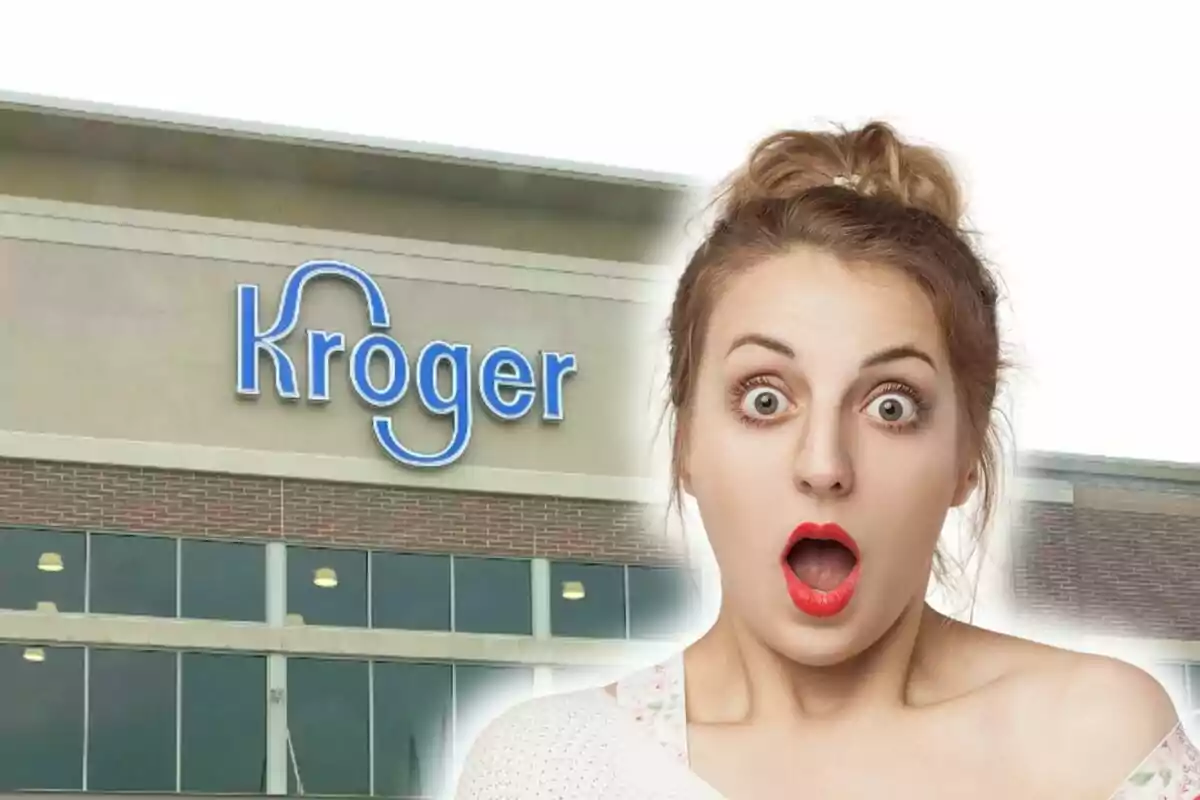 Muntatge de fotos d’una dona amb expressió de sorpresa davant d’una botiga Kroger.
