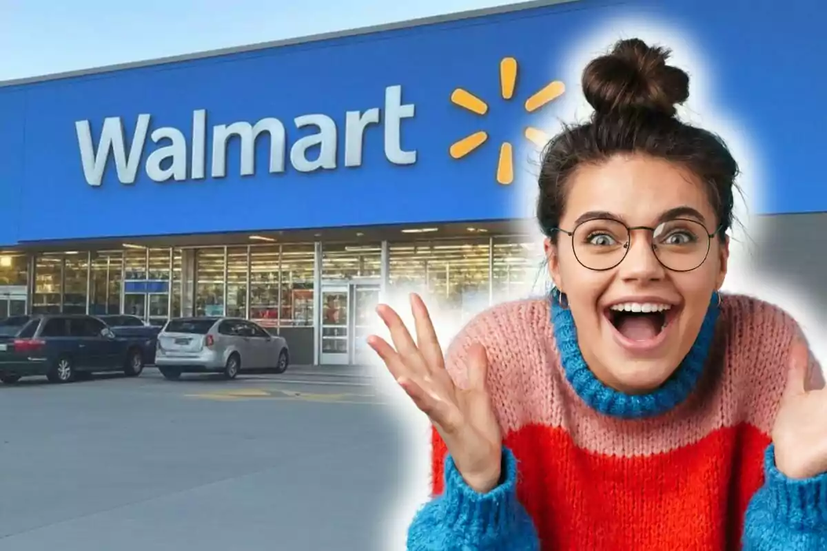 A person excited in front of a Walmart store.