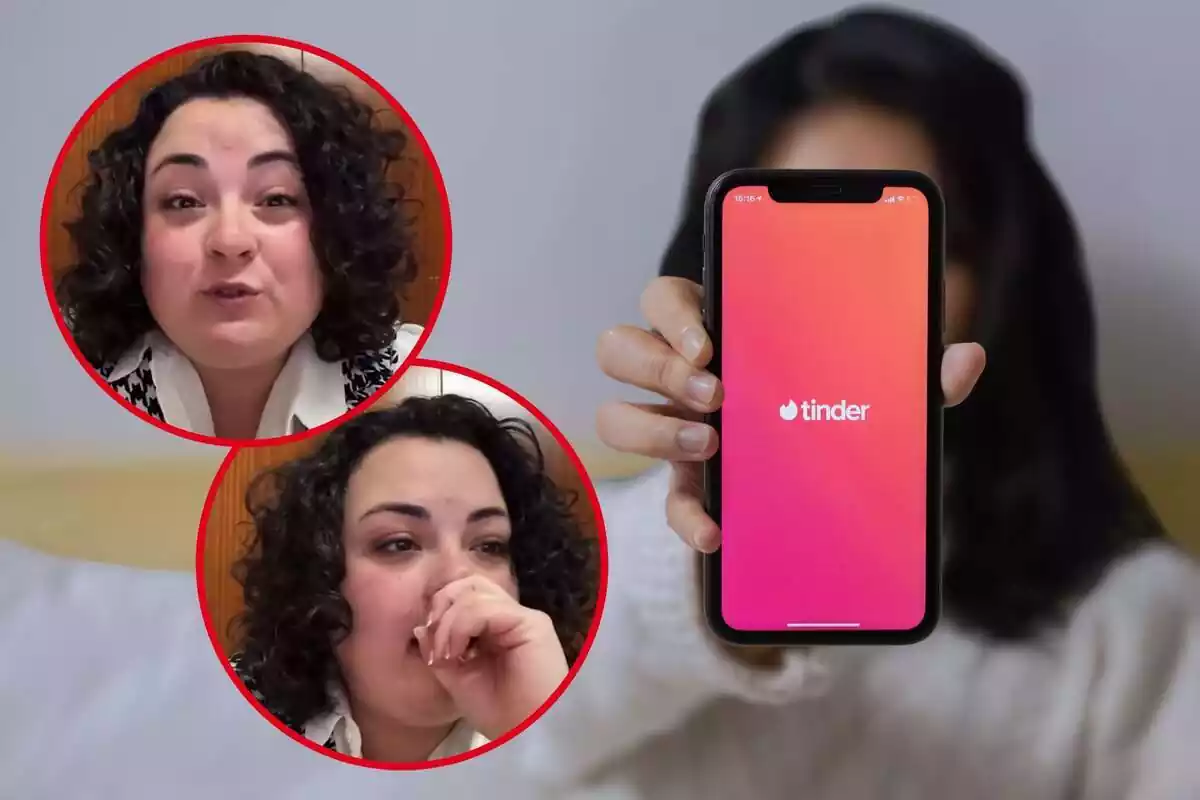Muntatge de fotos de Teresa López Cerdán, una tiktoker que ha explicat com li va ser una cita de Tinder, i al costat una persona subjectant un mòbil amb Tinder a la pantalla