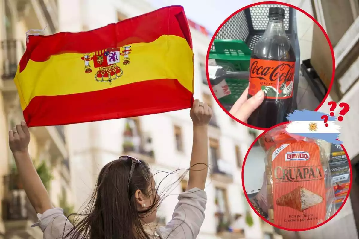 Muntatge de fotos d?una dona subjectant la bandera d?Espanya al vent i, al costat, la imatge de dos productes del Mercadona