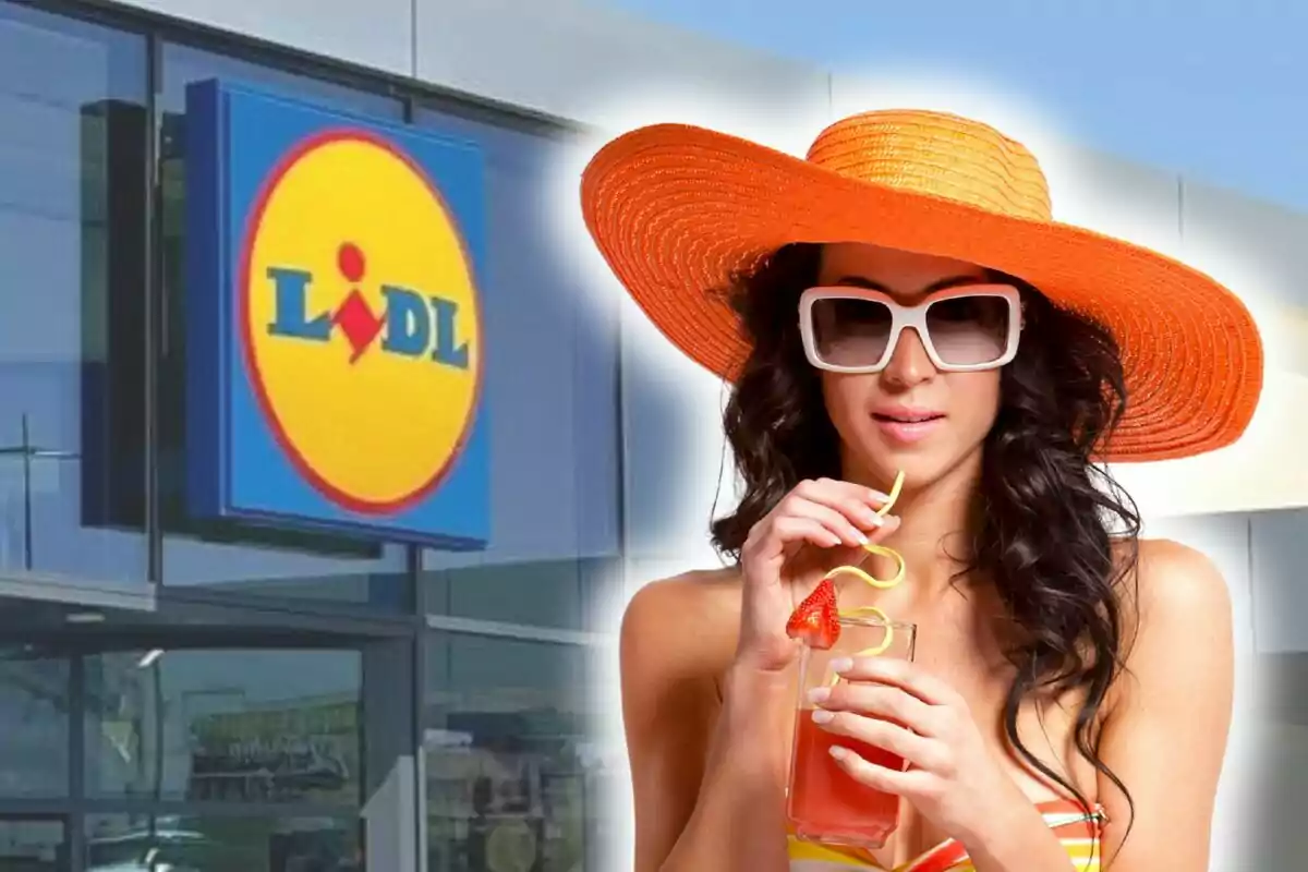Una dona amb barret taronja i ulleres de sol sosté una beguda davant d'un edifici amb el logotip de Lidl.