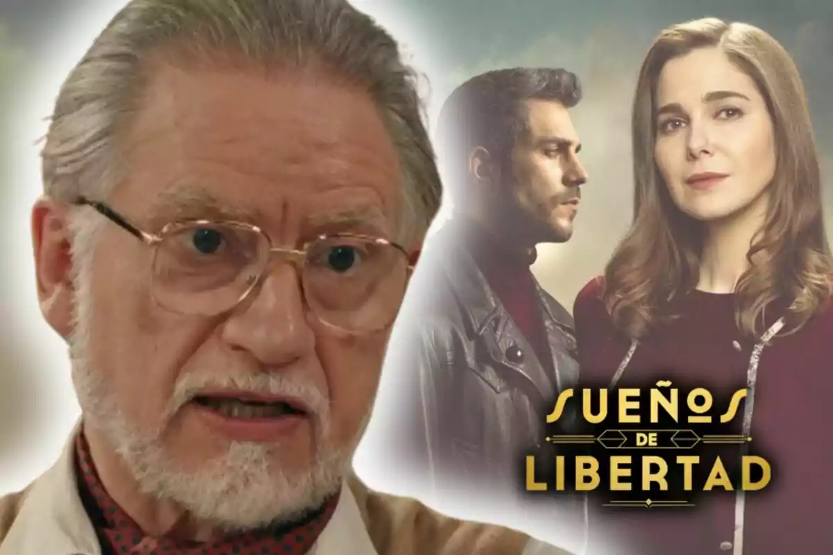 L’actor Nancho Novo amb ulleres apareix en primer pla mentre al fons es veuen dues persones i el títol ‘Sueños de Libertad’.