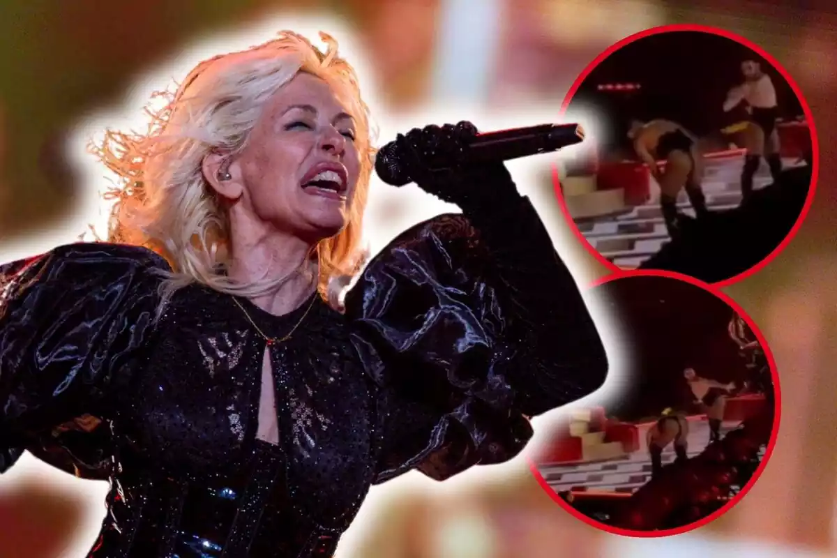 Muntatge de dues fotos d'un ballarí de Nebulossa sobre l'escenari tenint un contratemps en un assaig per a Eurovisió 2024 i, en primer pla, ella cantant agafant un micròfon