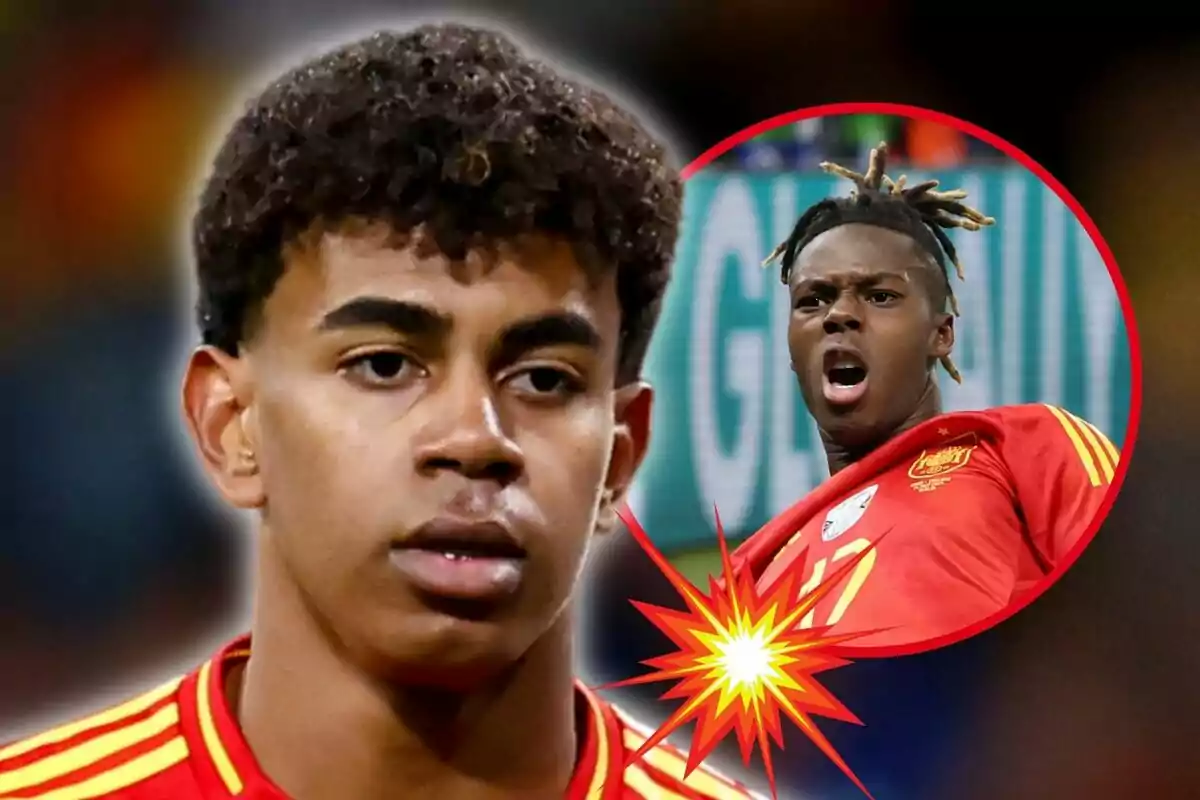 Two soccer players wearing the Spanish national team shirt, Lamine Yamal in the foreground and Nico Williams in a circle with an explosion effect.