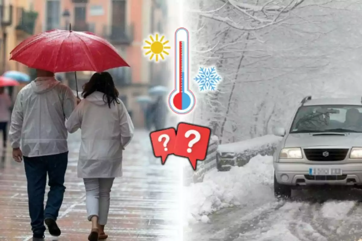 Una parella camina sota la pluja amb un paraigua vermell mentre un cotxe circula per una carretera nevada, amb icones de sol, neu i un termòmetre al centre.