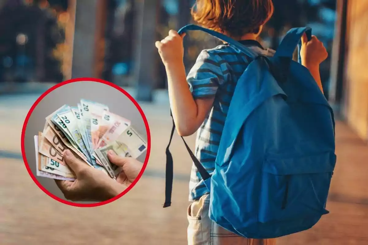 Un niño con una mochila azul y una imagen insertada de una mano sosteniendo billetes de euro.