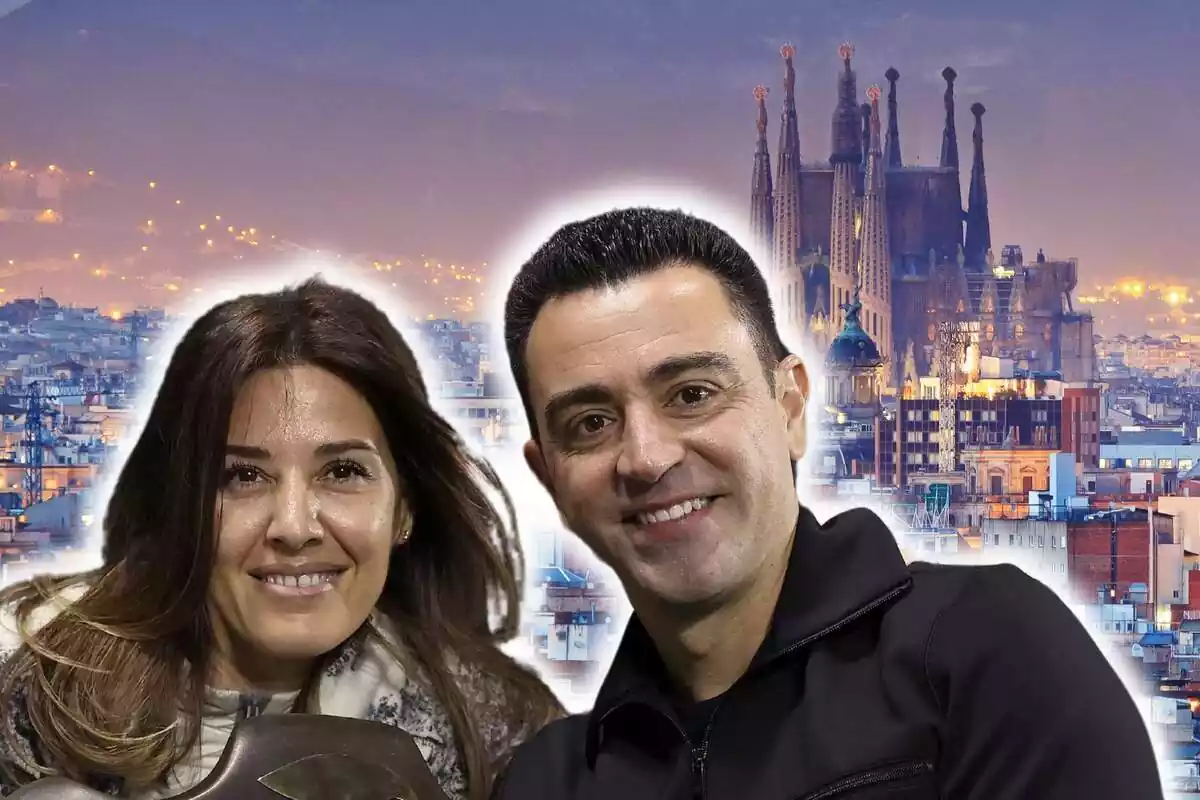 Muntatge de fotos de Núria Cunillera i Xavi Hernández, molt somrients, i de fons un plànol general de Barcelona