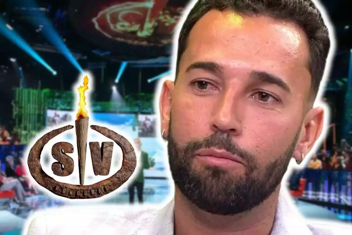 Muntatge de fotos d'Omar Sánchez amb cara seriosa en un primer pla i, de fons, el plató de 'Supervivientes' amb el logo del programa