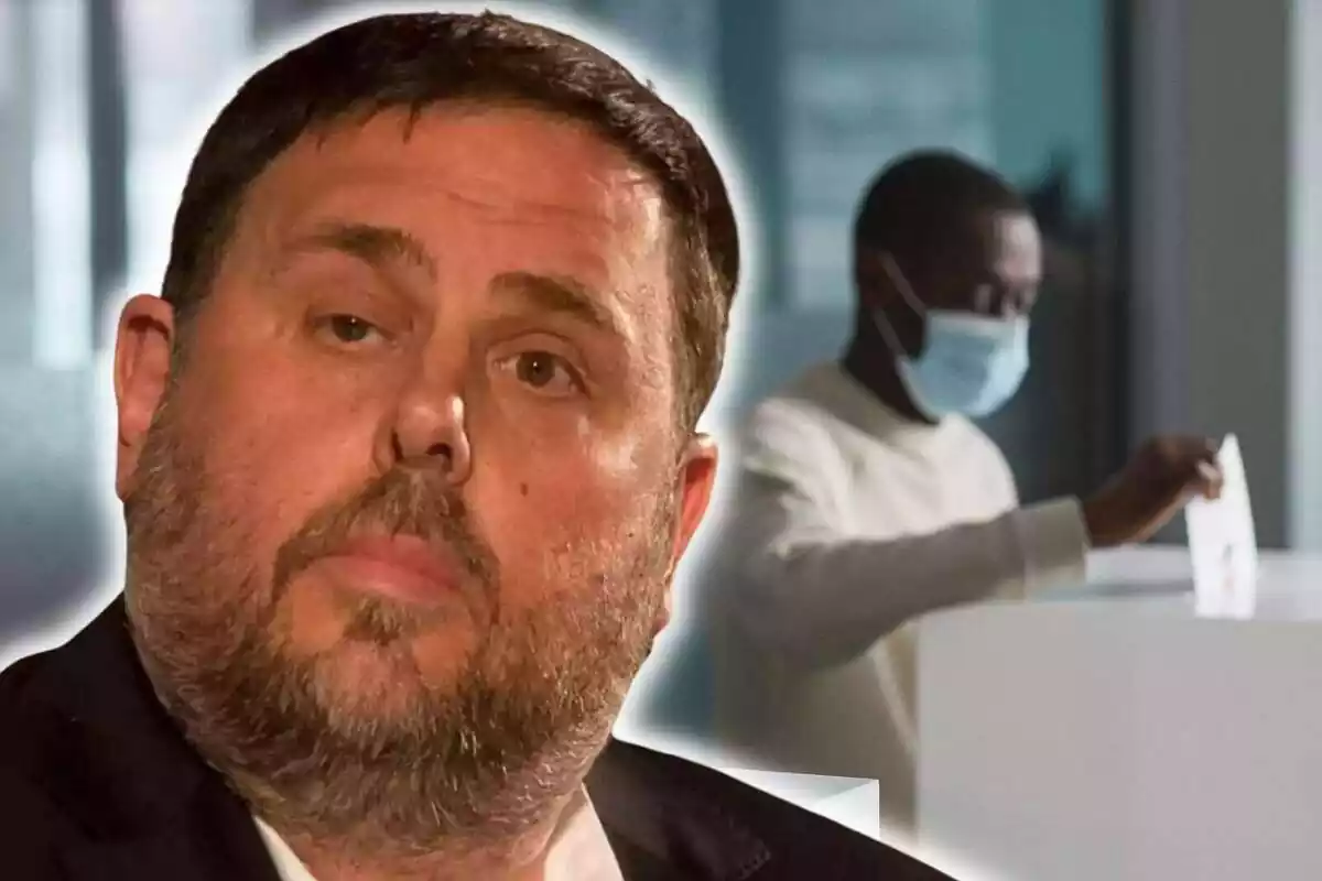 Muntatge de fotos d'Oriol Junqueras, amb cara seriosa, i una persona votant darrere al fons