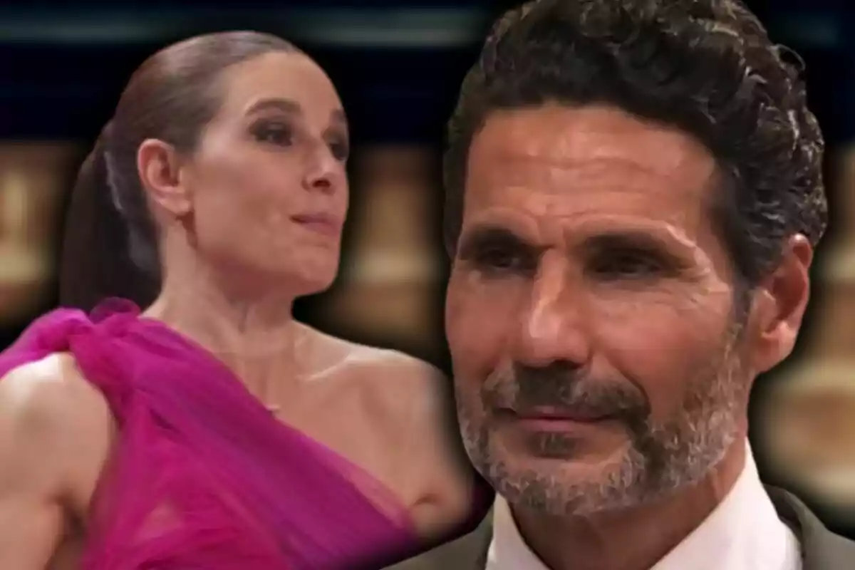 Close-up photo montage of Óscar Higares and Raquel Sánchez-Silva, both with serious expressions on an RTVE set.