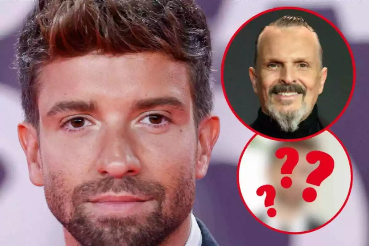 Muntatge de fotos de primer pla de Pablo Alborán i, al costat, una imatge de Miguel Bosé somrient i una altra imatge borrosa amb interrogants a sobre