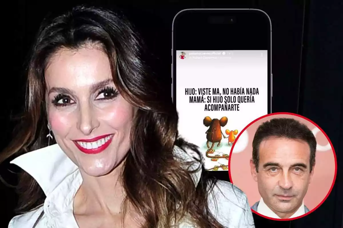 Muntatge de fotos de Paloma Cuevas somrient i Enrique Ponce, amb cara seriosa, al costat d'ella; darrere tots dos tenen un telèfon mòbil mostrant una història d'Instagram que ha pujat ella