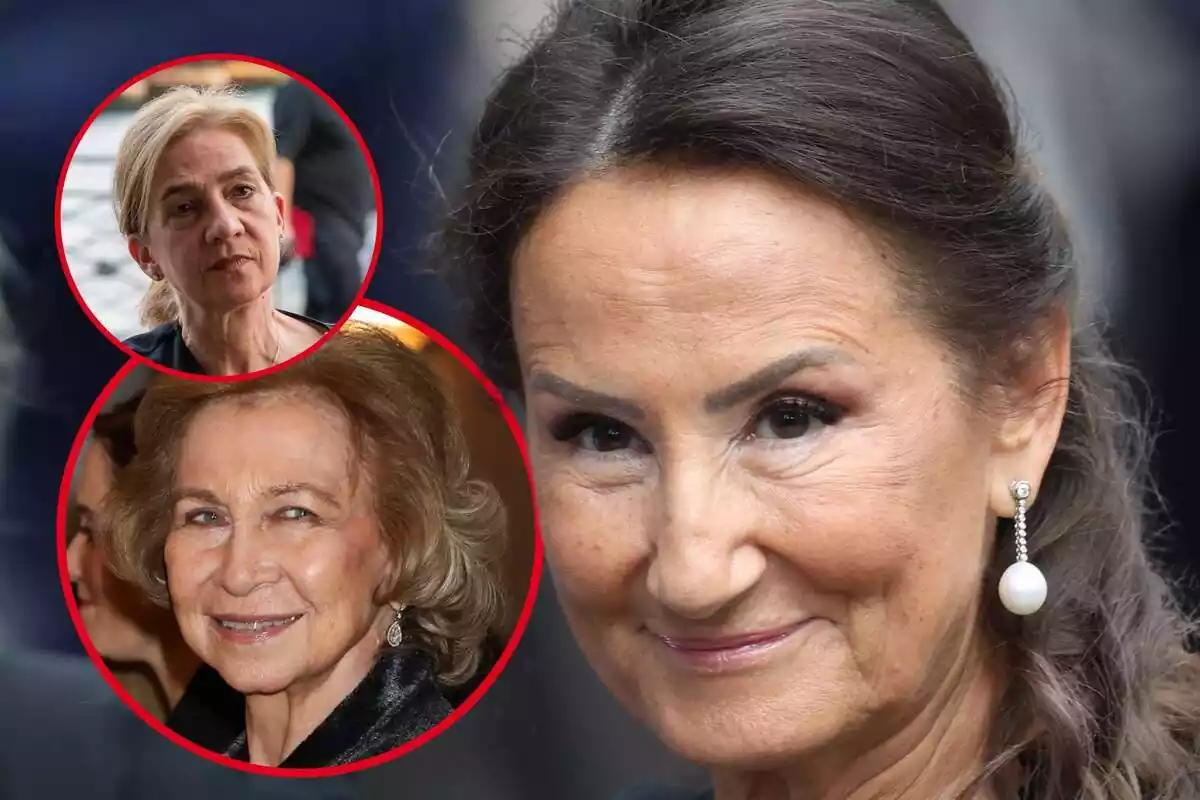 Muntatge de fotos de primer pla de Paloma Rocasolano, la reina emèrita Sofia de Grècia i la infanta Cristina; totes tres amb rostre mig somrient