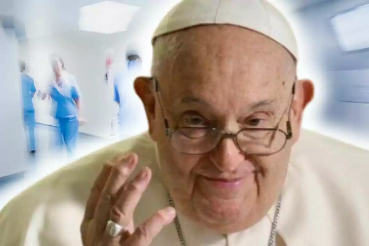 Close-up photo montage of Pope Francis with a hospital in the background.