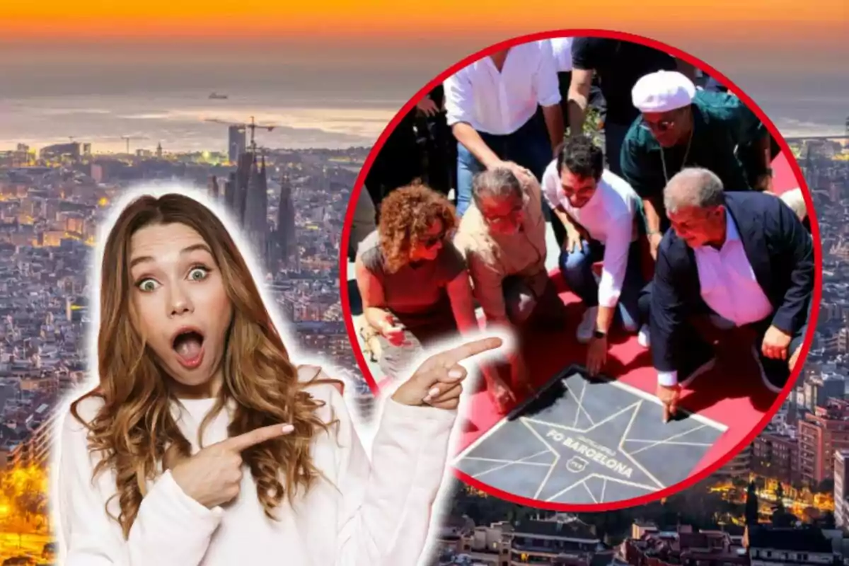 Dona sorpresa assenyalant una imatge de persones al voltant d'una estrella a terra amb la ciutat de Barcelona al fons.