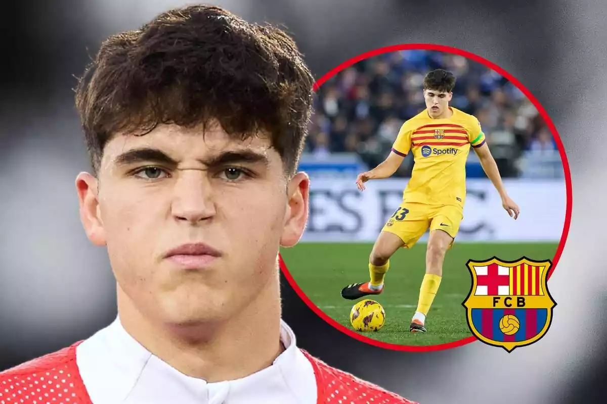 Muntatge de fotos de primer pla de Pau Cubarsí, el jugador de 17 anys que juga al F.C. Barcelona, amb cara seriosa i jugant al Camp Nou
