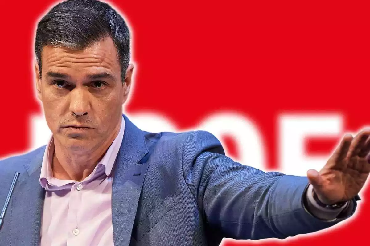 Muntatge de fotos de Pedro Sánchez, amb cara trista, aixecant la mà dient adéu amb el logo del PSOE de fons