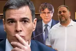 Muntatge de fotos de Pedro Sánchez amb rostre seriós, Carles Puigdemont amb rostre somrient i Oriol Junqueras amb rostre neutre