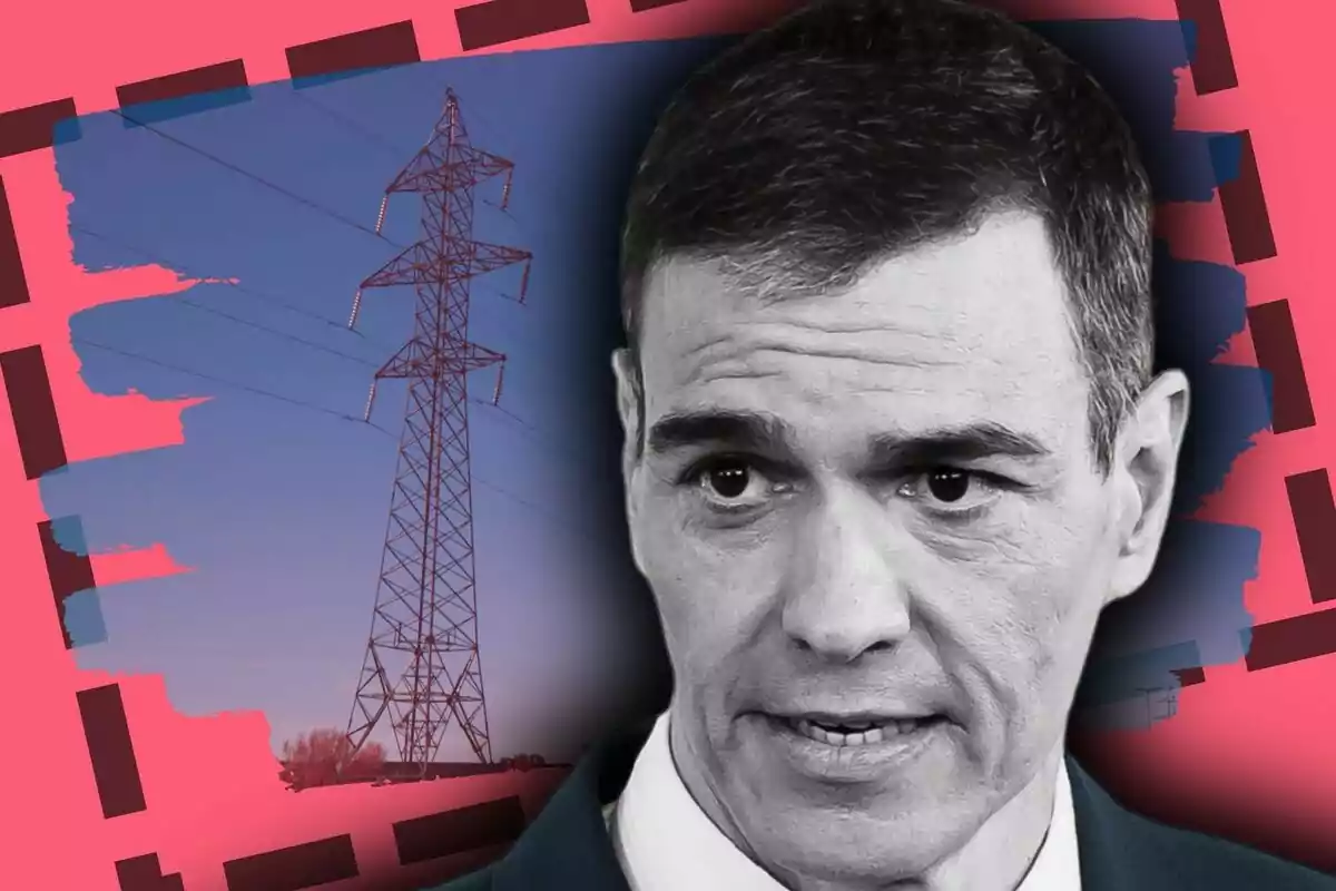 Muntatge de fotos de Pedro Sánchez en blanc i negre amb expressió seriosa sobre un fons de torre elèctrica i cel blau, amb un disseny gràfic en tons rosats i foscos.